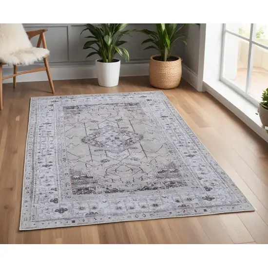 Gray Tan and Ivory Oriental Power Loom Worn Faded Washable Area Rug Photo 1