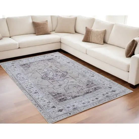 Gray Tan and Ivory Oriental Power Loom Worn Faded Washable Area Rug Photo 1