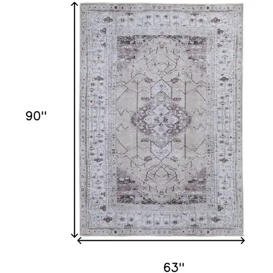 Gray Tan and Ivory Oriental Power Loom Worn Faded Washable Area Rug Photo 3