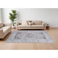 Photo of Gray Tan and Ivory Oriental Power Loom Worn Faded Washable Area Rug