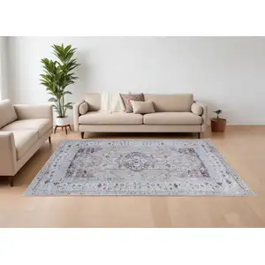 Photo of Gray Tan and Ivory Oriental Power Loom Worn Faded Washable Area Rug