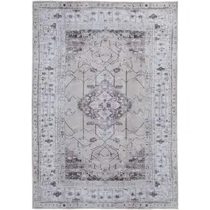 Photo of Gray Tan and Ivory Oriental Power Loom Worn Faded Washable Area Rug