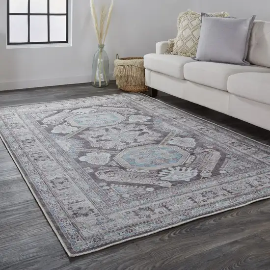 Gray Taupe And Blue Floral Area Rug Photo 7