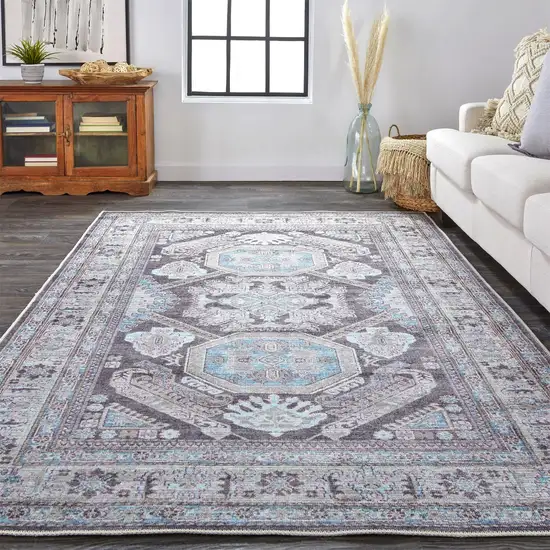 Gray Taupe And Blue Floral Area Rug Photo 6