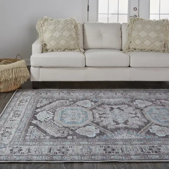 Gray Taupe And Blue Floral Area Rug Photo 8