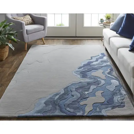 Gray Taupe And Blue Wool Abstract Tufted Handmade Area Rug Photo 2