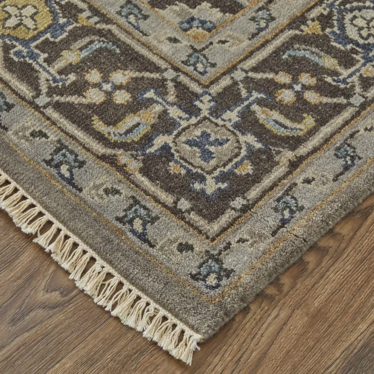 Gray Taupe And Blue Wool Floral Hand Knotted Stain Resistant Area Rug Photo 4