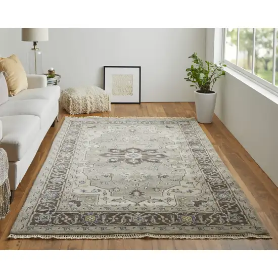 Gray Taupe And Blue Wool Floral Hand Knotted Stain Resistant Area Rug Photo 5