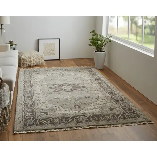 Gray Taupe And Blue Wool Floral Hand Knotted Stain Resistant Area Rug Photo 6