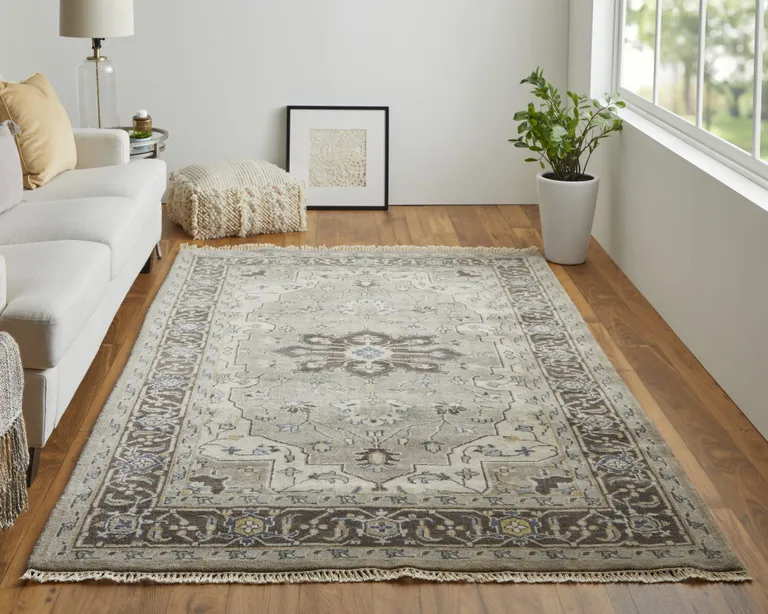 Gray Taupe And Blue Wool Floral Hand Knotted Stain Resistant Area Rug Photo 5