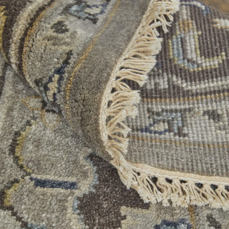 Gray Taupe And Blue Wool Floral Hand Knotted Stain Resistant Area Rug Photo 3