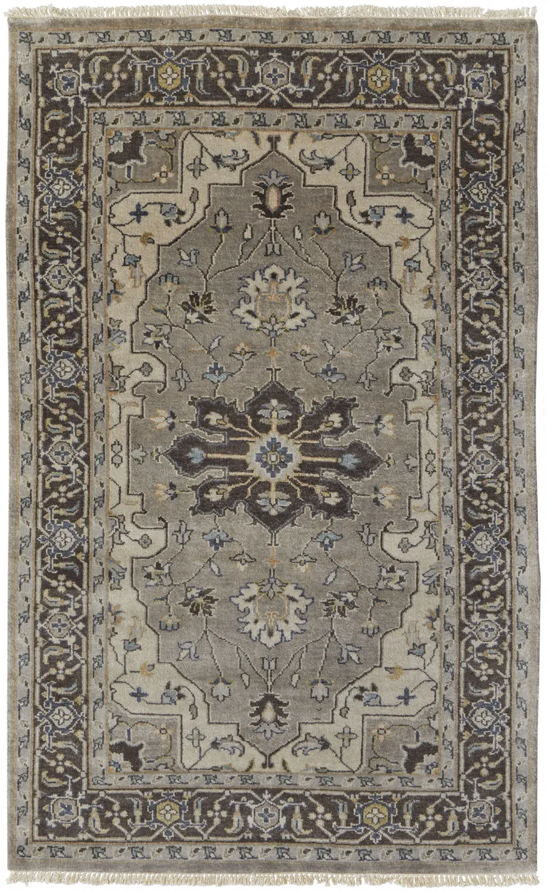 Gray Taupe And Blue Wool Floral Hand Knotted Stain Resistant Area Rug Photo 1