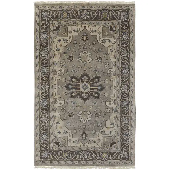 Gray Taupe And Blue Wool Floral Hand Knotted Stain Resistant Area Rug Photo 1