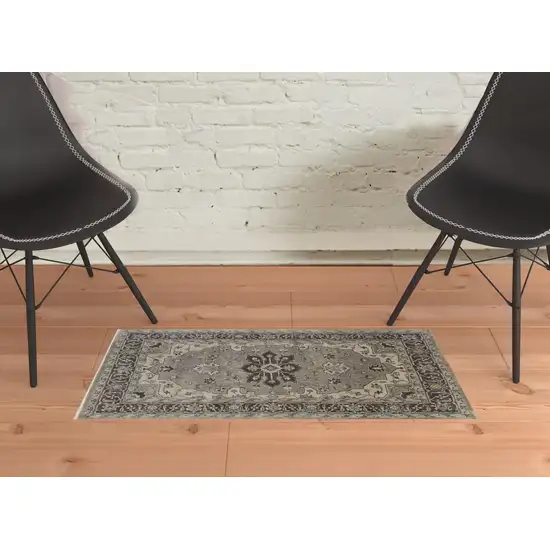 Gray Taupe And Blue Wool Floral Hand Knotted Stain Resistant Area Rug Photo 2