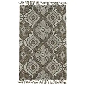 Photo of Gray Taupe And Ivory Wool Floral Tufted Handmade Area Rug With Fringe