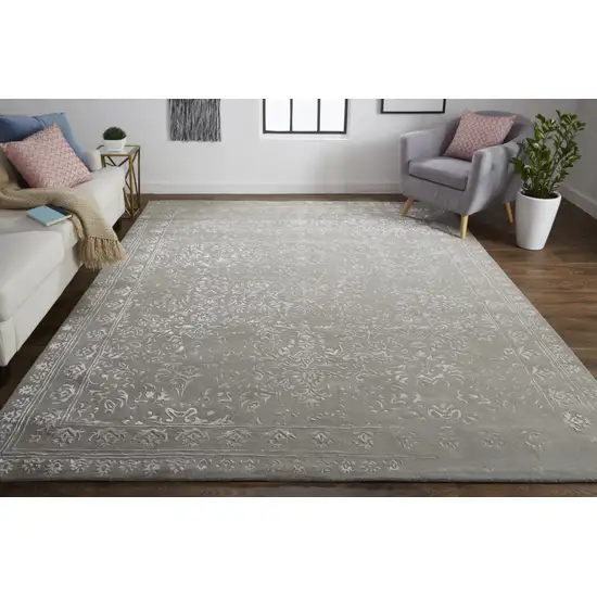 Gray Taupe And Silver Wool Floral Tufted Handmade Distressed Area Rug Photo 6