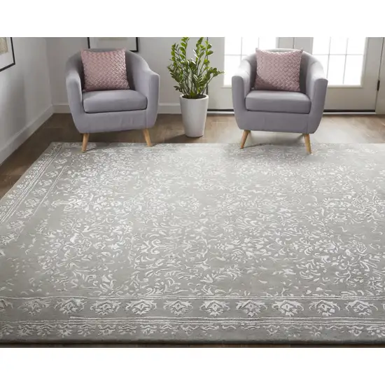 Gray Taupe And Silver Wool Floral Tufted Handmade Distressed Area Rug Photo 8