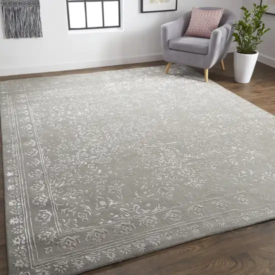 Gray Taupe And Silver Wool Floral Tufted Handmade Distressed Area Rug Photo 7