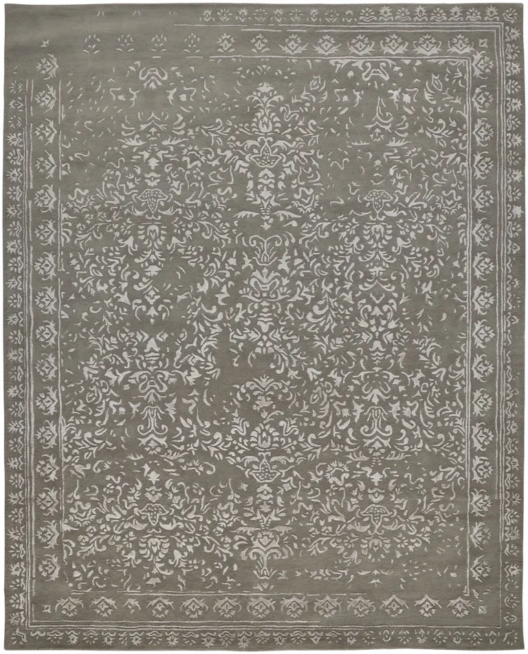 Gray Taupe And Silver Wool Floral Tufted Handmade Distressed Area Rug Photo 1