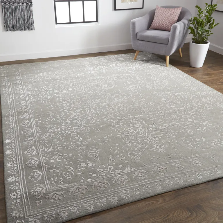 Gray Taupe And Silver Wool Floral Tufted Handmade Distressed Area Rug Photo 1