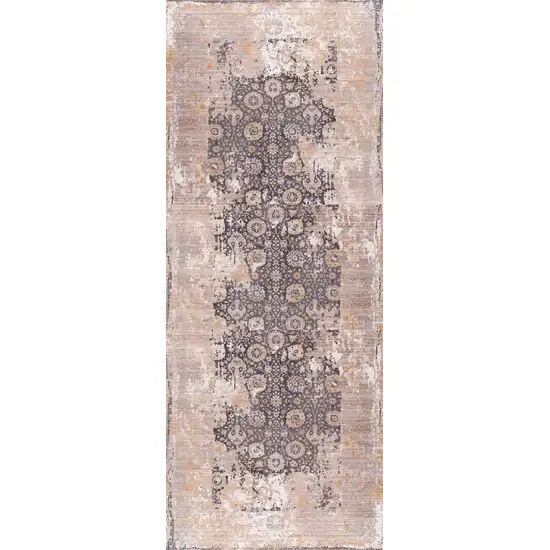 Gray and Ivory Oriental Power Loom Runner Rug Photo 7