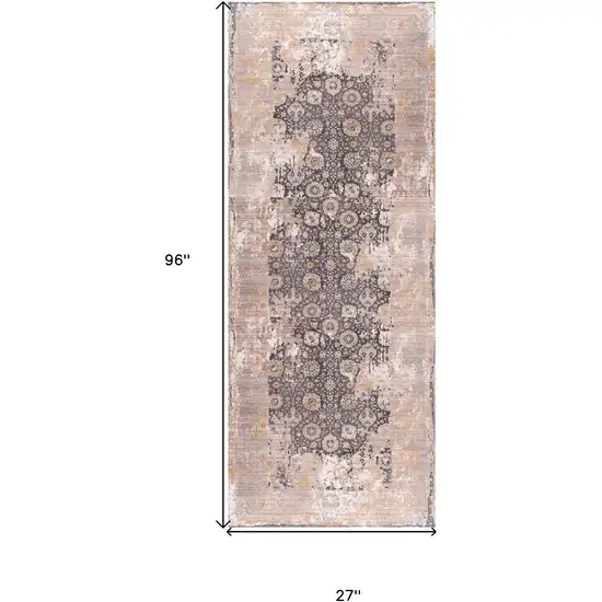 Gray and Ivory Oriental Power Loom Runner Rug Photo 3