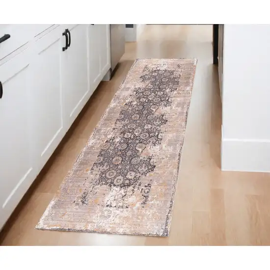 Gray and Ivory Oriental Power Loom Runner Rug Photo 1