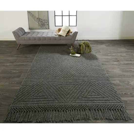 Gray Wool Geometric Hand Woven Area Rug With Fringe Photo 6