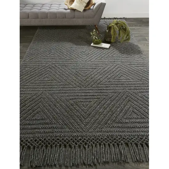 Gray Wool Geometric Hand Woven Area Rug With Fringe Photo 7