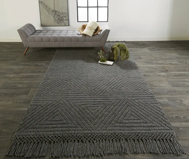 Gray Wool Geometric Hand Woven Area Rug With Fringe Photo 5