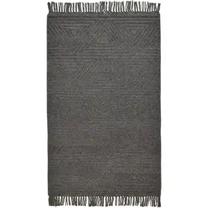 Photo of Gray Wool Geometric Hand Woven Area Rug With Fringe