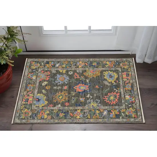 Gray Yellow And Blue Oriental Area Rug With Fringe Photo 1