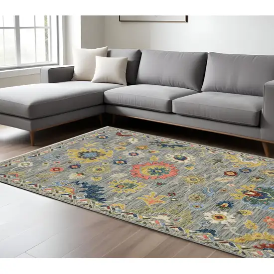 Gray Yellow And Blue Oriental Area Rug With Fringe Photo 1