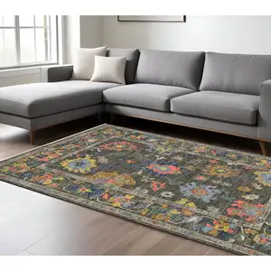 Photo of Gray Yellow And Blue Oriental Area Rug With Fringe