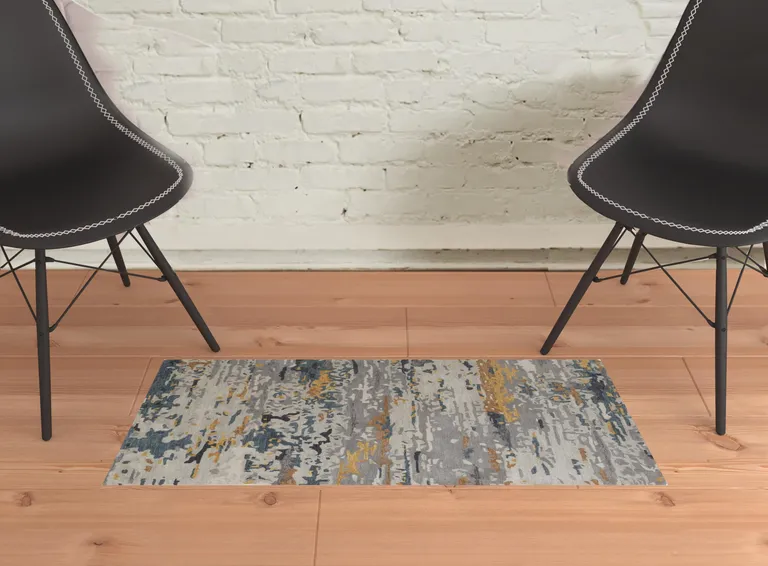 Gray Yellow And Blue Wool Abstract Tufted Handmade Stain Resistant Area Rug Photo 2