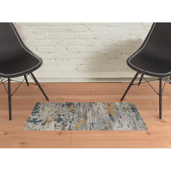 Gray Yellow And Blue Wool Abstract Tufted Handmade Stain Resistant Area Rug Photo 2