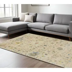 Photo of Gray Yellow And Green Wool Oriental Hand Knotted Area Rug With Fringe