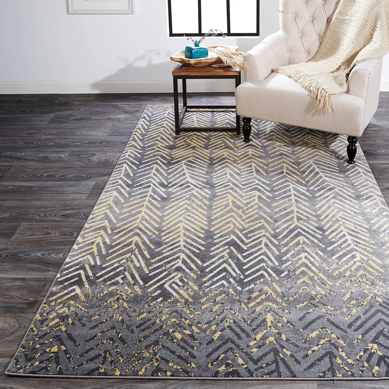 Gray Yellow And White Abstract Stain Resistant Area Rug Photo 4