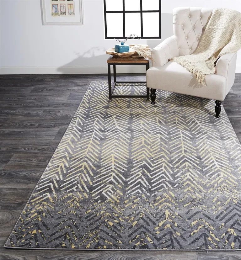 Gray Yellow And White Abstract Stain Resistant Area Rug Photo 3