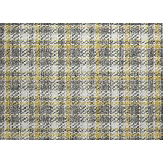 Gray Yellow and White Plaid Washable Non Skid Indoor Outdoor Area Rug Photo 2