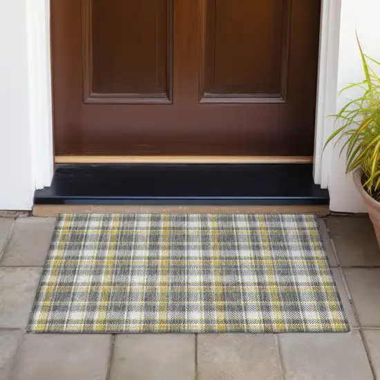 Gray Yellow and White Plaid Washable Non Skid Indoor Outdoor Area Rug Photo 9