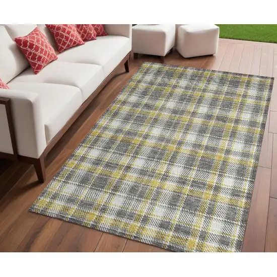 Gray Yellow and White Plaid Washable Non Skid Indoor Outdoor Area Rug Photo 1