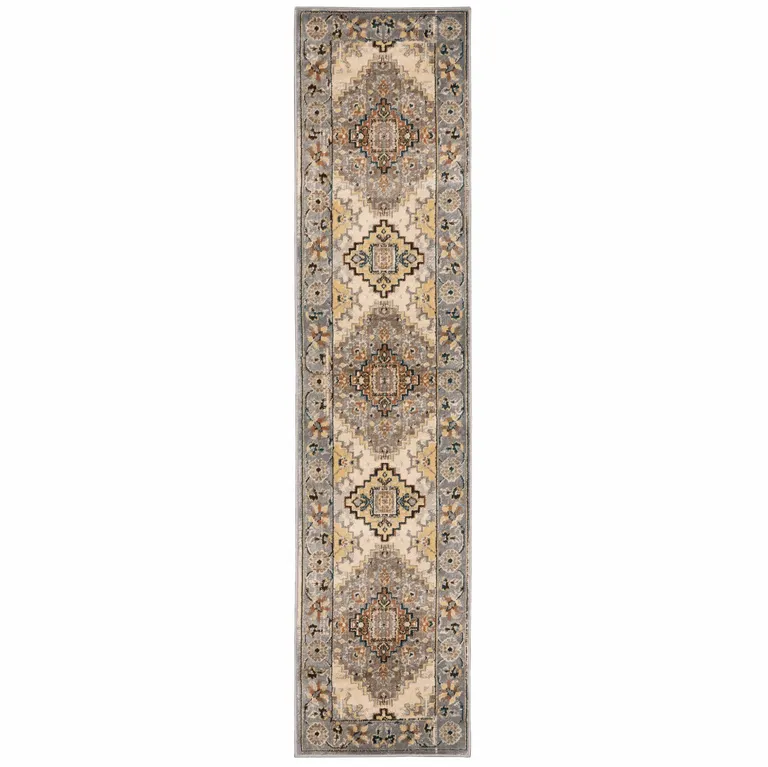 Gray and Beige Aztec Pattern Runner Rug Photo 1