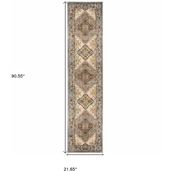 Gray and Beige Aztec Pattern Runner Rug Photo 6