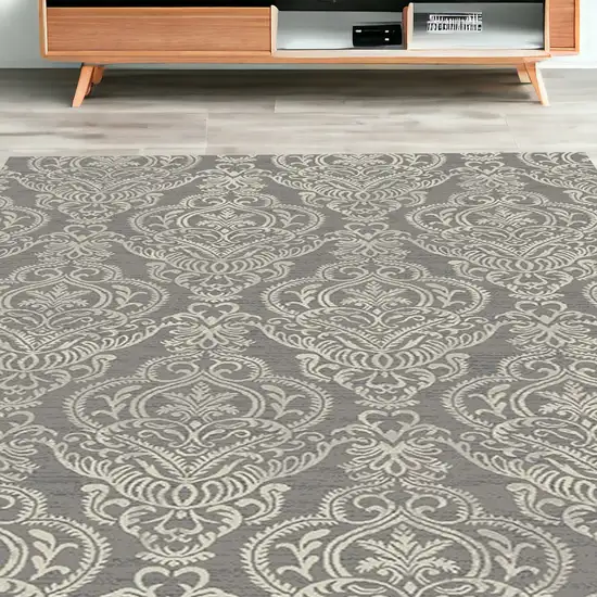 Gray and Beige Damask Area Rug Photo 1