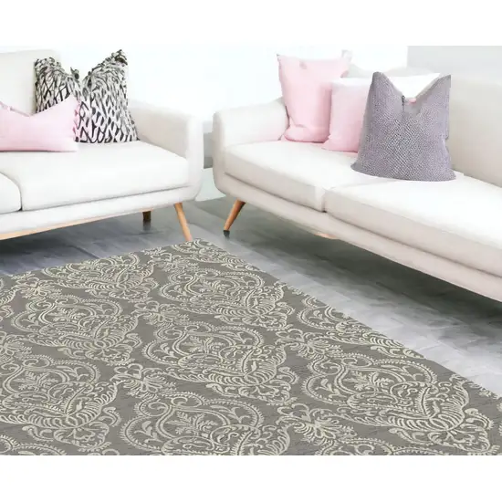 Gray and Beige Damask Area Rug Photo 1