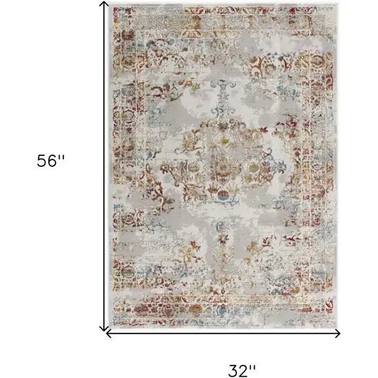 Gray And Beige Distressed Ornate Area Rug Photo 3