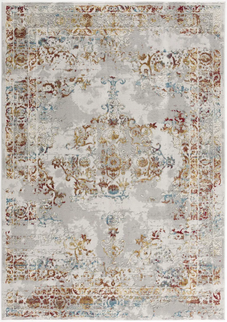 Gray and Beige Distressed Ornate Area Rug Photo 3