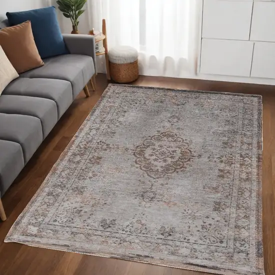 Gray and Beige Medallion Non Skid Area Rug Photo 1