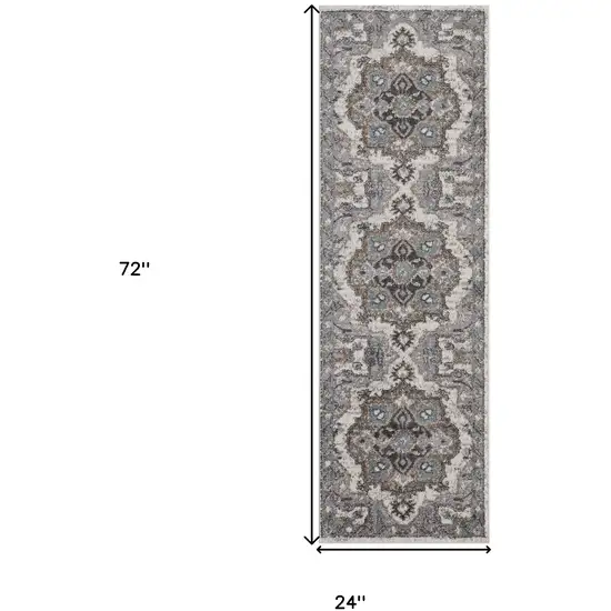 Gray and Beige Medallion Power Loom Runner Rug Photo 8